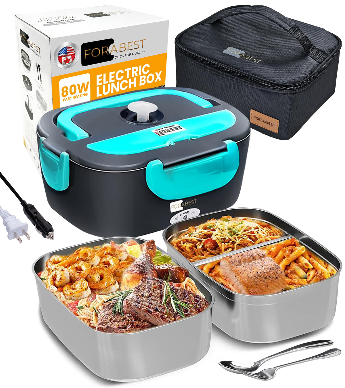 FORABEST Boîte à Lunch Électrique pour Adultes avec 2 Conteneurs en Acier Inoxydable Chauffage Rapide 80W Boîte à Déjeuner Chauffante pour Adultes 12/24/110/220V Boîte Chauffante Portable pour Voiture/Camion/Bureau 1.5L Robuste Étanche
