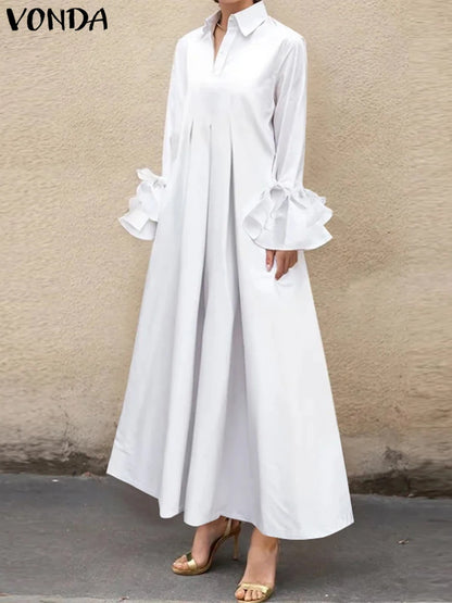 Plus Size 5XL VONDA Women Elegant Shirt Dress Ruffle Pleated Maxi Long Dress 2025 Casual Loose Solid Sundress Long Sleeve Robe