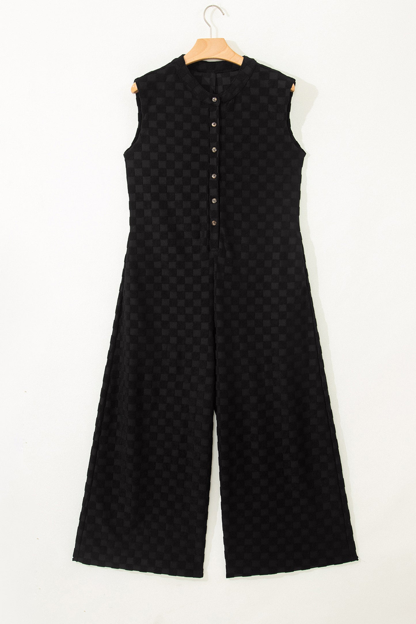Black Half Buttons Sleeveless Wide Leg Textured Jumpsuit