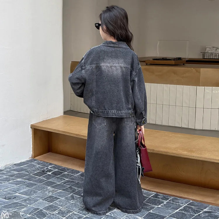 Teen Girls Bow Clothes Sets Denim Jacket+Wide Leg Jeans 2pcs Junior Kid Coat Pants Suit Child Outfits 4-14 vetement enfant fille