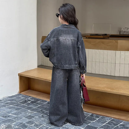 Teen Girls Bow Clothes Sets Denim Jacket+Wide Leg Jeans 2pcs Junior Kid Coat Pants Suit Child Outfits 4-14 vetement enfant fille