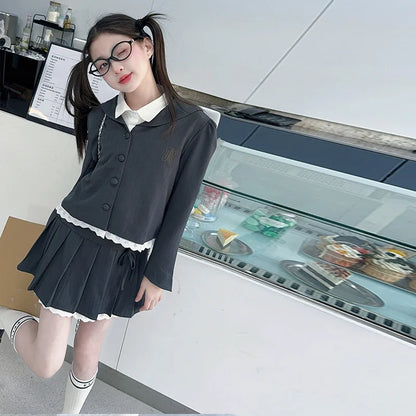 teen girls skirt set college style suit jacket+pleated skirt 2pcs junior kids clothes suit child outfits vetement enfant fille