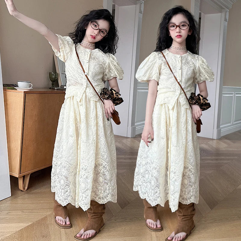 summer teen girl Embroidery dress set Bubble sleeve lace top+long skirt 2pcs junior kid suit child outfits vetement enfant fille