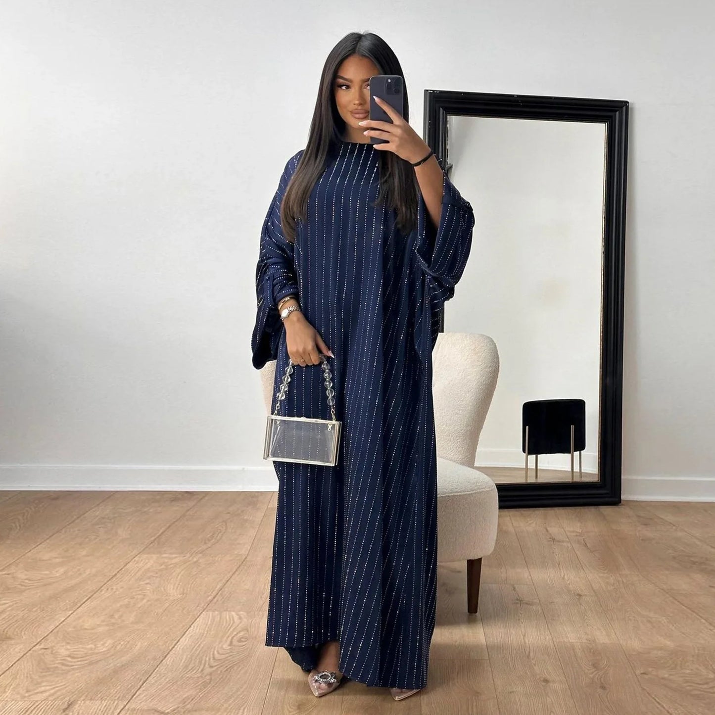 Dubai Spring/Summer Gathering Striped Dress, Women Simple O-neck Abaya Long Sleeve Dresses, Middle East Abaya Dress Islamic Robe