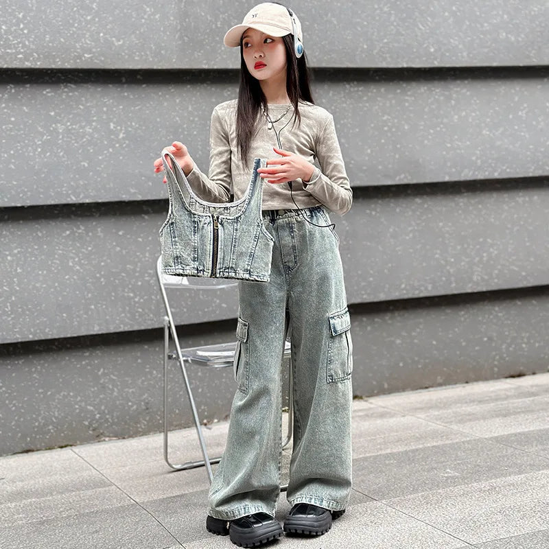 vetement enfant fille denim vest+top t shirt+cargo pants jeans three pcs kids girls clothes sets childer outfits clothing suit