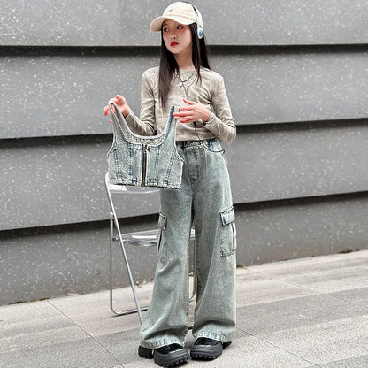 vetement enfant fille denim vest+top t shirt+cargo pants jeans three pcs kids girls clothes sets childer outfits clothing suit