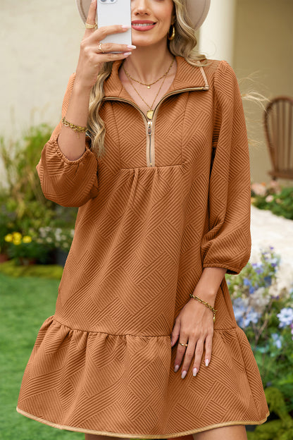 Jungle Green  Quarter Zip Collar Bracelet Sleeve Textured Mini Dress