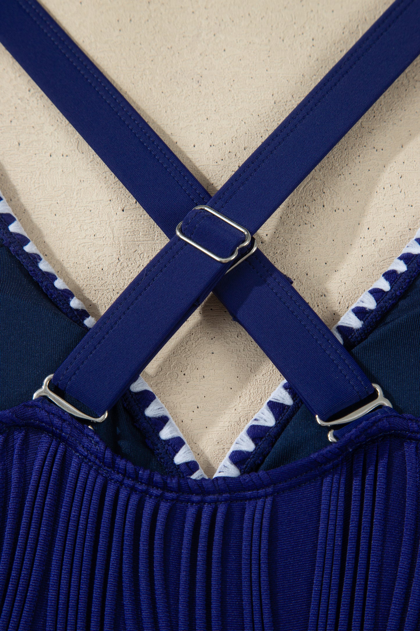 Navy Blue Shell Stitched Trim V Neck Textured Mix and Match High Waist Bikinis