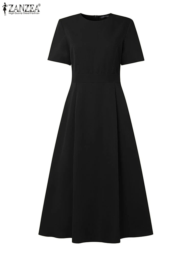 ZANZEA Plus Size Dresses Elegant Party Women Summer Short Sleeve Solid Sundress Waisted Evening Long Vestidos Casual Robe 5XL