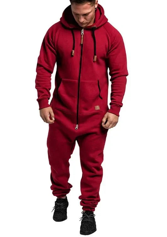 Mens Onesie Jumpsuit Long Sleeve Fleece Sweatpants Pure Color Splicing 2025 Autumn and Winter Casual Hoodie Male Zipper Jumpsuit