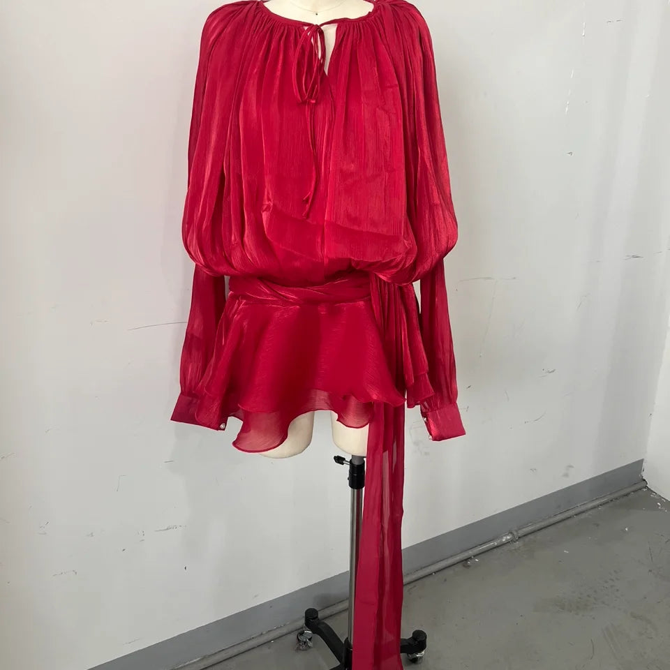 Elegant Lantern Sleeve Blouse Mini Dress With Short O Neck Low Waist Pleated Hem Robes Lace Up Party Vestidso 2025 Lady Clothing
