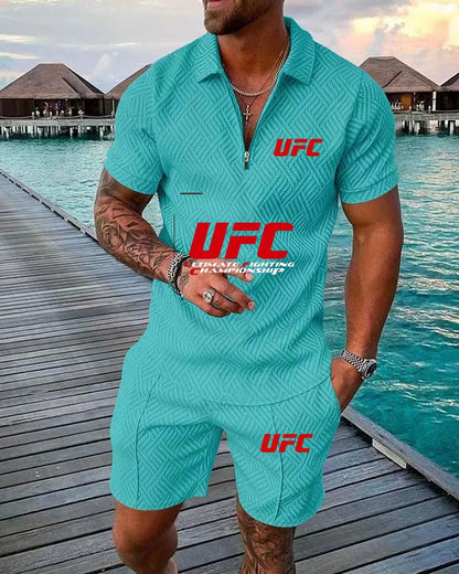 2025 Summer New Casual Fashion Style Polo Set, UFC Fighting Fans, Zipper Polo Shirt+Shorts, Outdoor Sports Two Piece Set