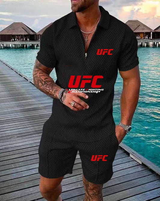 2025 Summer New Casual Fashion Style Polo Set, UFC Fighting Fans, Zipper Polo Shirt+Shorts, Outdoor Sports Two Piece Set