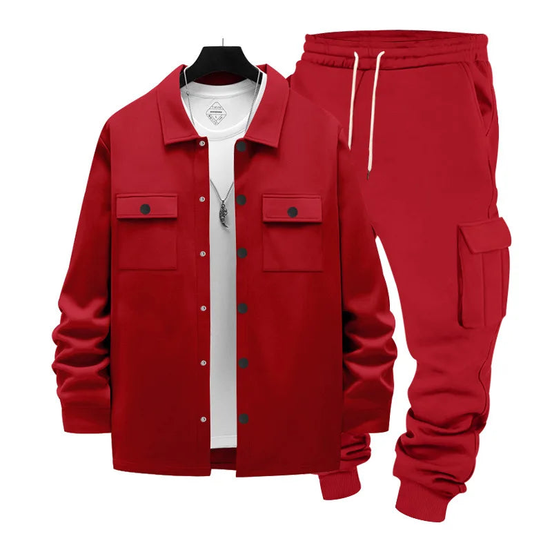 Cross-border winter heavy loose velvet men's outdoor tooling sweatpants thermal jacket two-piece set