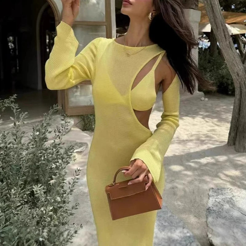 Women Sexy Yellow Knitted Beach Dress Fashion Irregular See Through Bodycon Maxi Dress 2025 Summer Hollow Out Cover UP Robes