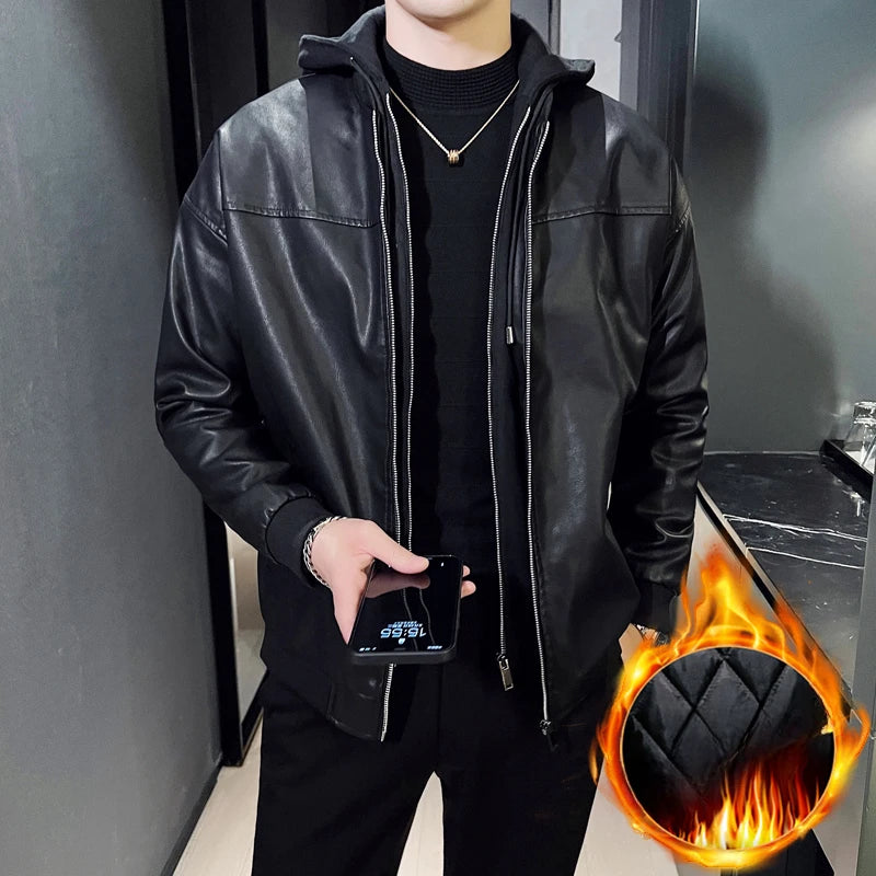 Double-layer Thicken Warm PU Jacket Top Men Loose Windproof Waterproof Hooded Outerwear Spring Fall Male Motorcycle Leather Coat
