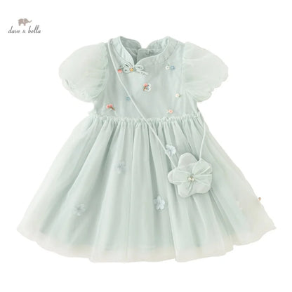 Dave Bella Girl's Princess Dress 2024 New Summer Children's Baby Short Sleeves Mesh Cute Sweet Charm Fashion Casual DB2241022
