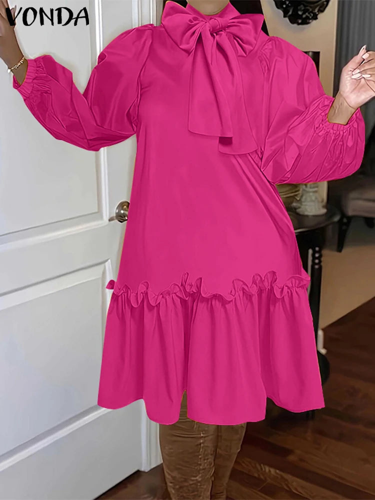 2025 Autumn Knee Length Dress Women Elegant Sundress Casual Solid Stand Collar Bownot Vestido Long Sleeve Robes Plus Size VONDA