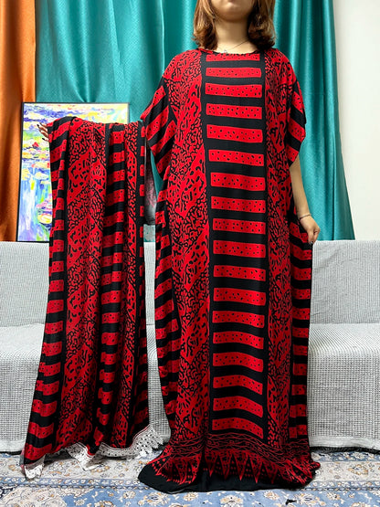 Muslim Abayas For Women 2024 Printed Cotton Short Sleeve Loose Fit Femme Robe Moroccan Caftan Nigeria Drsses With 80x160cm Sarf