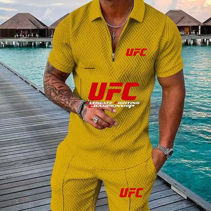 2025 Summer New Casual Fashion Style Polo Set, UFC Fighting Fans, Zipper Polo Shirt+Shorts, Outdoor Sports Two Piece Set