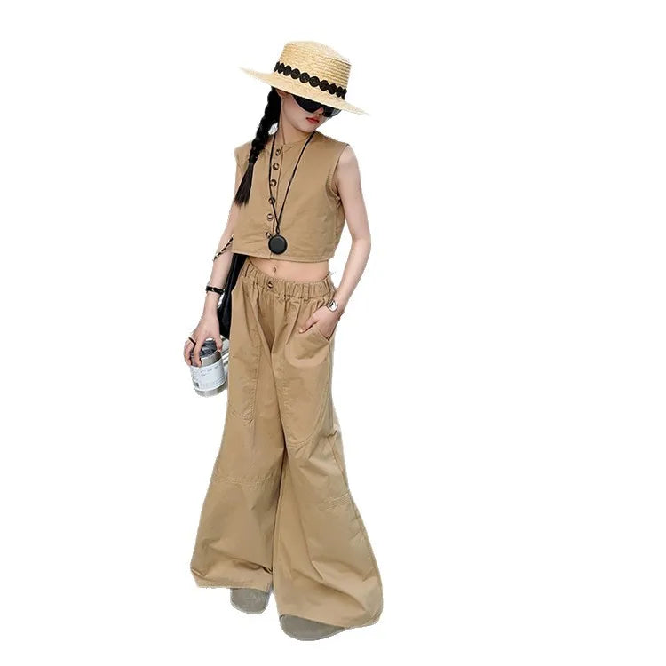 summer teen girl khaki casual clothes suit sleeveless vest top+wide leg 2pcs junior kid suit child outfits vetement enfant fille