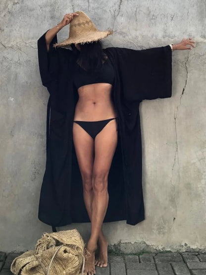 Solid Beach Cover Up Women Self Belted Wrap Kimono Dress Swimsuit 2022 New Robe Summer Beachwear Factory Supply