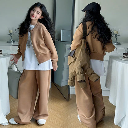 black khaki teen girls casual clothes set Zipper jacket+wide leg pants 2pcs junior kids suit child outfits vetement enfant fille