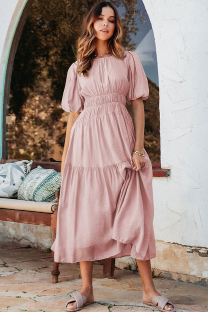 Pink Puff Sleeve High Waist Flowy Midi Dress