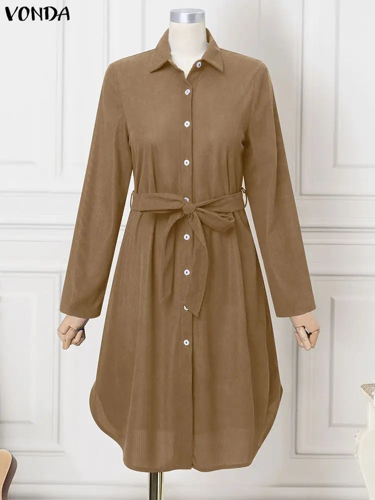 Elegant Plus Size Dresses VONDA Women Corduroy Midi Vestidos 2025 Autumn Long Sleeve Solid Casual Streetwear Holiday Party Robe