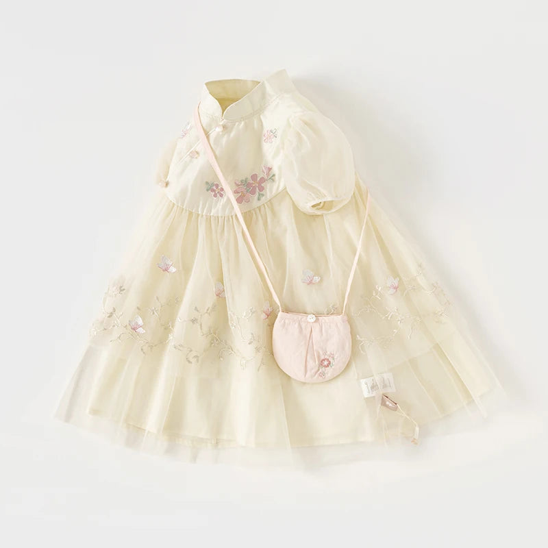 Dave Bella Girl's Princess Dress 2025 New Summer Children's Baby Short Sleeves Mesh Cute Sweet Charm Fashion Casual DB2240546