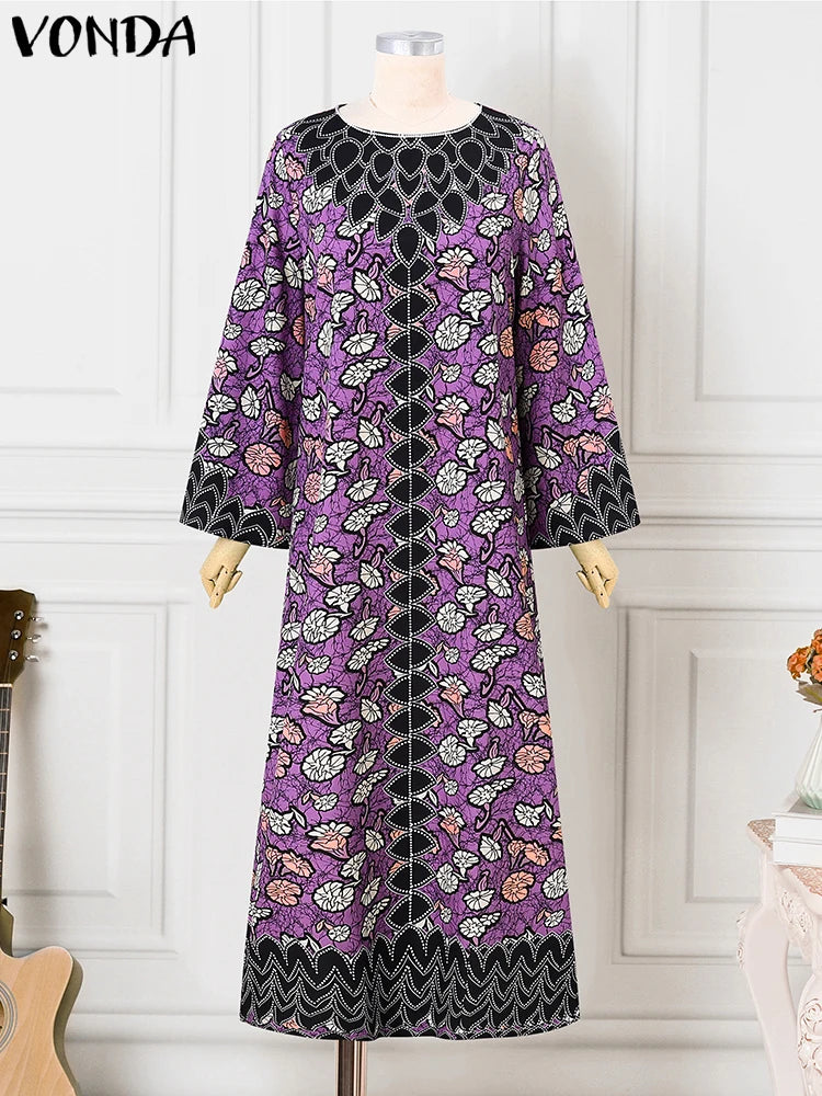 Plus Size VONDA Bohemian Dress 2025 Elegant Women Printing Sundress Vintage Flare Long Sleeve Maxi Vestidos O-Neck Robe Summer