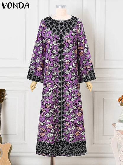 Plus Size VONDA Bohemian Dress 2025 Elegant Women Printing Sundress Vintage Flare Long Sleeve Maxi Vestidos O-Neck Robe Summer