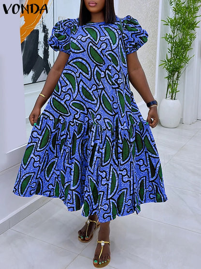 Plus Size Women Dress Vintage Print Sundress 2025 VONDA Puff Sleeve Casual Loose Vestidos Fashion Ruffled Midi Robe Femme