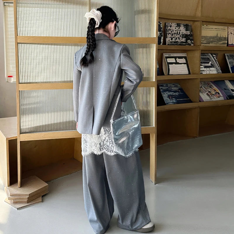 design teen girl shiny suit set black gray Blazer+Wide leg pants 2pc junior kid clothes sets child outftis vetement enfant fille