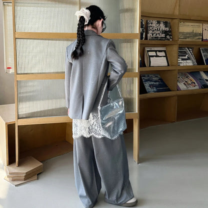 design teen girl shiny suit set black gray Blazer+Wide leg pants 2pc junior kid clothes sets child outftis vetement enfant fille