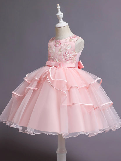 Pink Girl's floral embroidery dress sleeveless slim princess birthday party dress piano performance Wear
