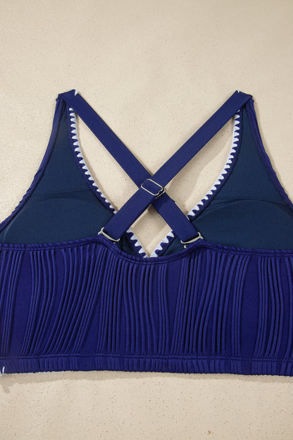 Navy Blue Shell Stitched Trim V Neck Textured Mix and Match High Waist Bikinis