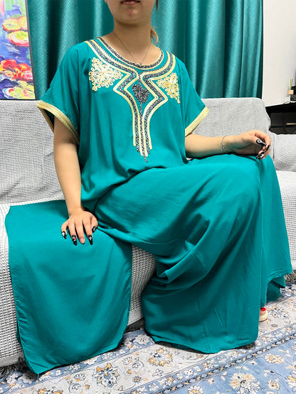 Abayas For Women 2024 Dubai New Pure Cotton Appliques Summer Loose Femme Robe Muslim Afreican Islam Dresses With Turban Hijabs