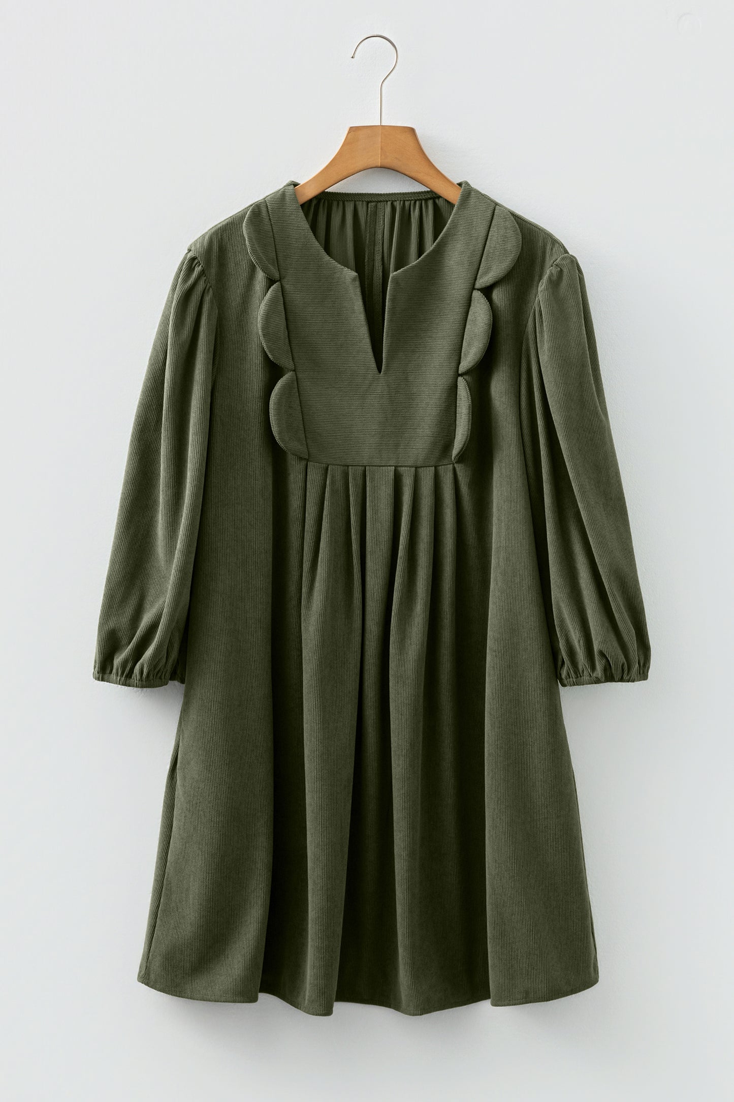 Cinnamon Split Neck Scallop Detail Pleated Corduroy Mini Dress