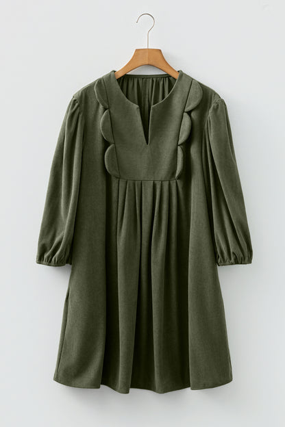 Cinnamon Split Neck Scallop Detail Pleated Corduroy Mini Dress
