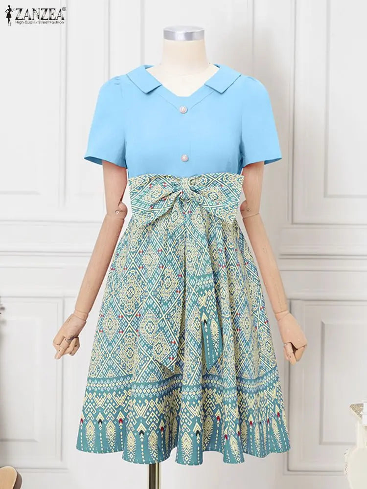 ZANZEA Elegant Bow Dresses Women Summer Printing Bohemian Sundress 2025 Fashion Short Sleeve A-Line Casual Loose Party Robe