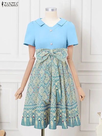 ZANZEA Elegant Bow Dresses Women Summer Printing Bohemian Sundress 2025 Fashion Short Sleeve A-Line Casual Loose Party Robe