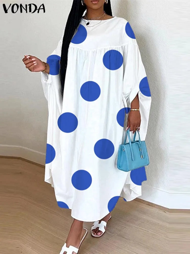 Plus Size VONDA Women Dot Printed Dress Bohemian Sundress 2025 Three Quarter Summer Party Vestidos Bat-wing Sleeve Casual Robe