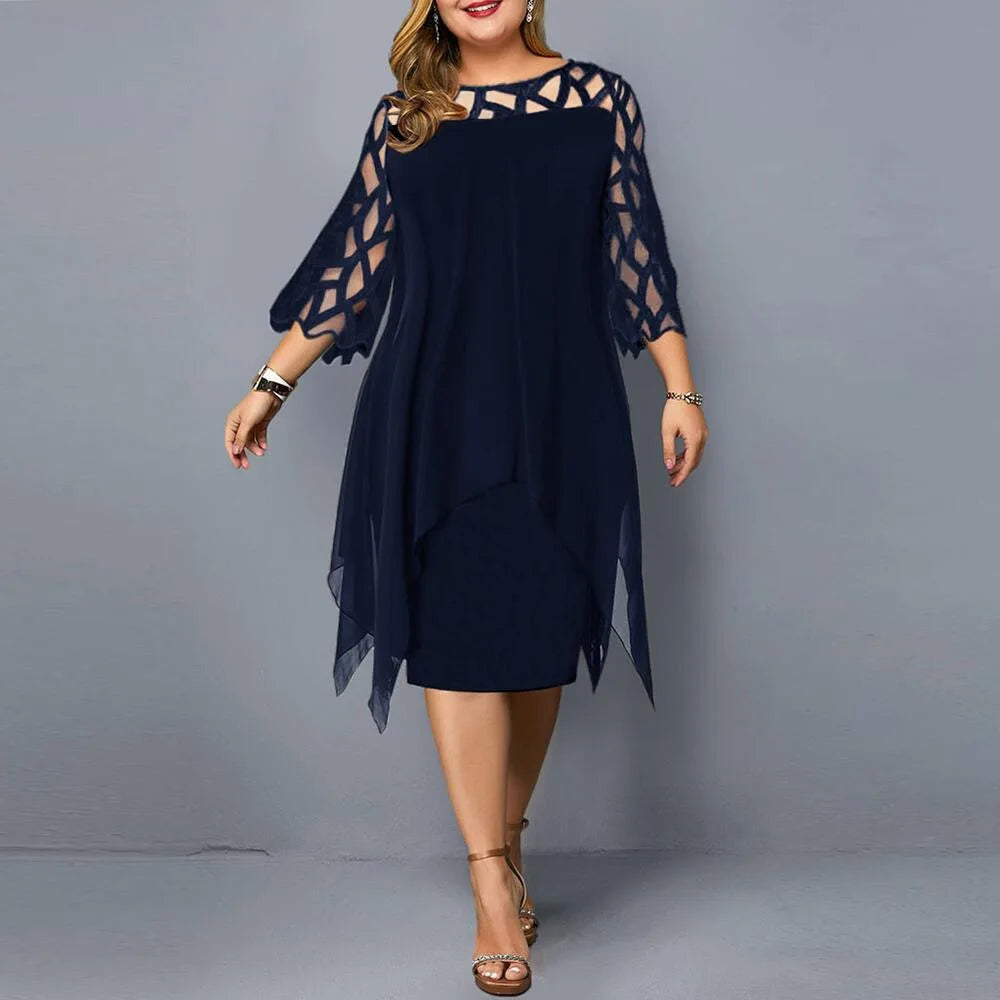 New Elegant Lace Mesh Plus Size Dresses Women Sexy Hollow Out Oversize Dress Loose Casual Vestidos De Fiesta Midi Robes Femme