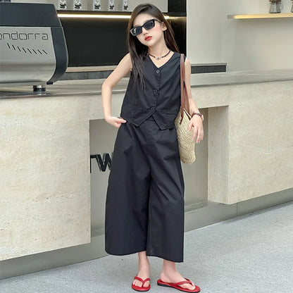 French Desig Girls Vest Set Sleeveless Tops+Wide Leg Pants 2pcs 4-14 Junior Kid Clothes Suit Child Outfits Vetement Enfant Fille