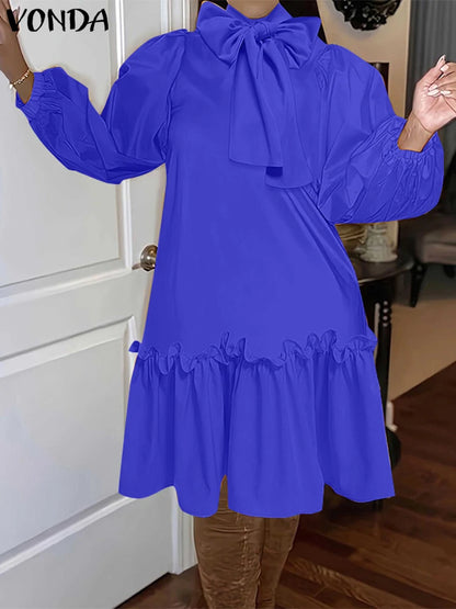 2025 Autumn Knee Length Dress Women Elegant Sundress Casual Solid Stand Collar Bownot Vestido Long Sleeve Robes Plus Size VONDA