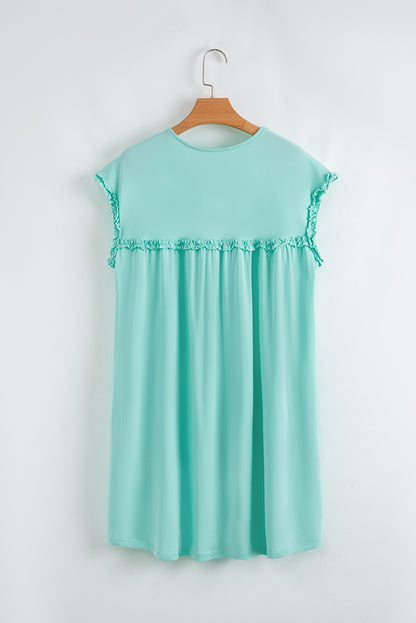 Oatmeal Frilled Trim Crewneck Loose Fit Mini Dress