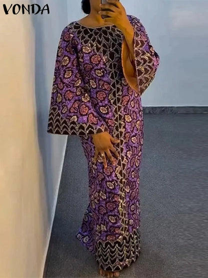 Plus Size VONDA Bohemian Dress 2025 Elegant Women Printing Sundress Vintage Flare Long Sleeve Maxi Vestidos O-Neck Robe Summer