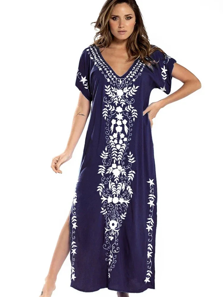 Cover-up Caftan Maxi Dress 2024 Robe De Plage Embroidery Beach Cover Up Women Kaftan Dress For Women Pareo Tunic For Swimwear