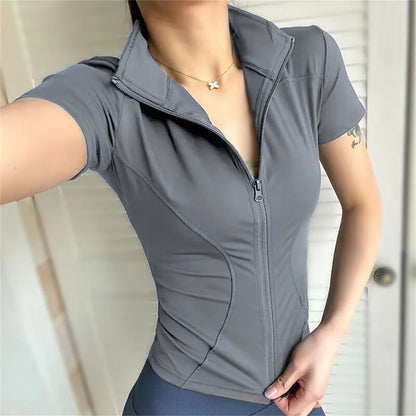 Casual Slim Sports Coat For Women Short Sleeve Solid Zipper Tops Female Cycling Running Yoga Outfit Clothes Summer Sport Jacket
